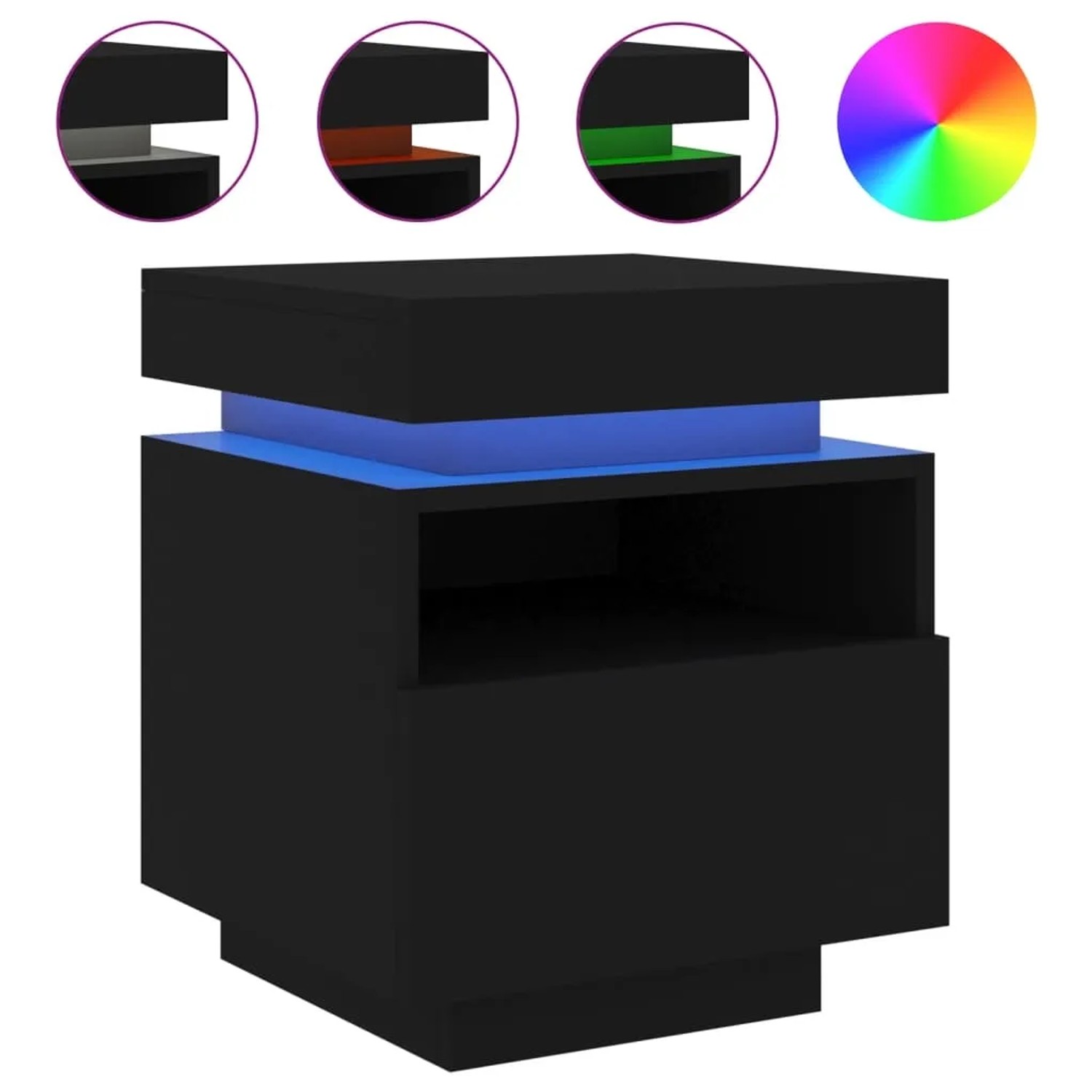 Schwarze Nachttische mit LED, 2er-Set. Moderne Nachtschränke mit Schublade und offenem Fach.