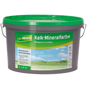 Grauer Eimer proMineral Kalk-Mineralfarbe 5 l mit grünem Deckel. Weiße Wandfarbe für innen, mineralisch, hohe Deckkraft.