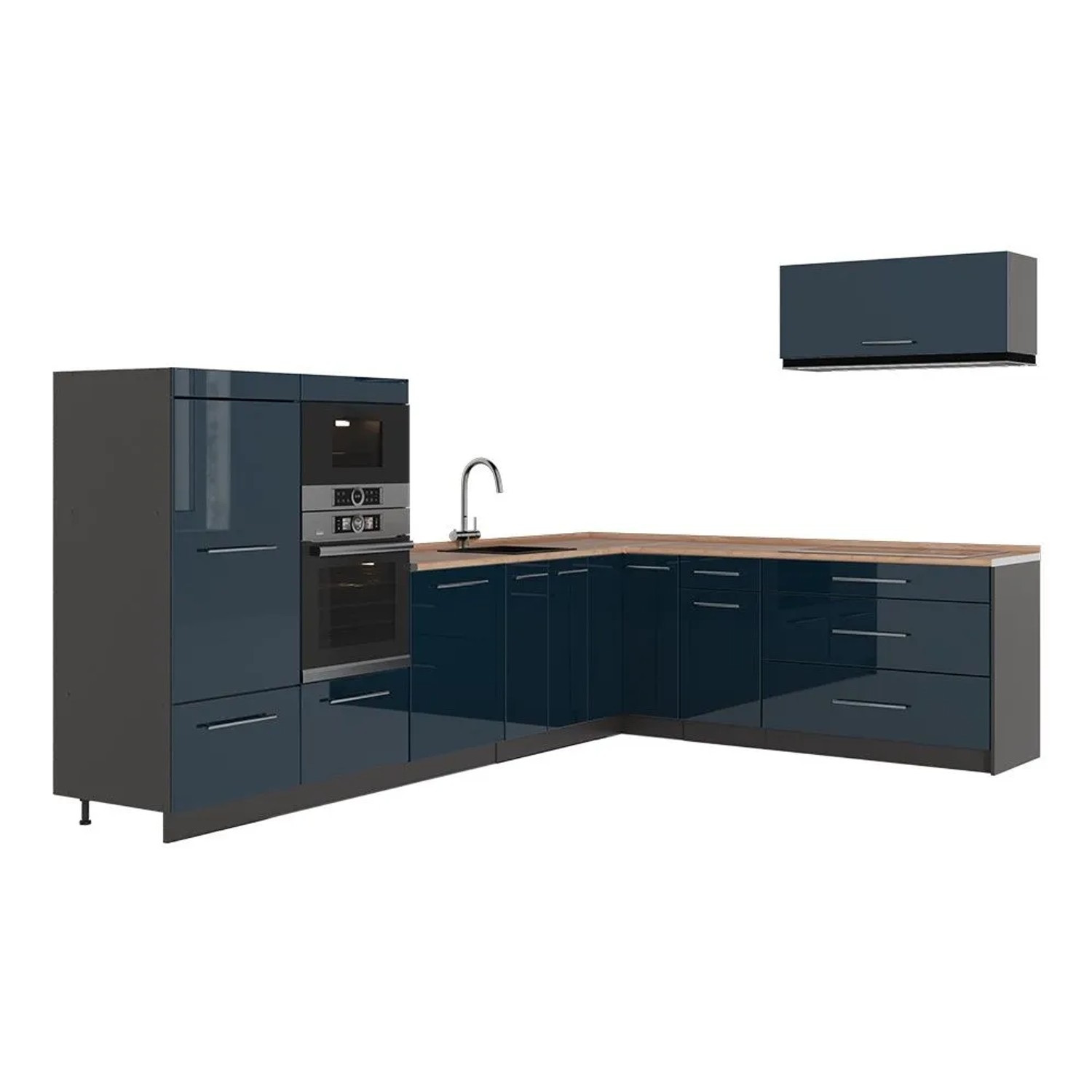 Vicco Eckküche Fame-Line Dunkelblau Hochglanz/Anthrazit 327 x 154 AP Eiche Art Nr 64365