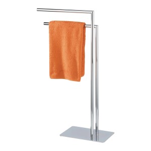 Wenko Handtuchständer Recco Chrom mit orangefarbenem Handtuch. Handtuchhalter aus Chrom mit zwei Stangen.