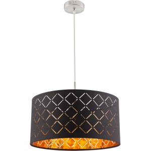 Globo Pendelleuchte CLARKE, Nickel matt, schwarzer Textilschirm mit goldfarbener Innenseite und Dekorstanzungen.