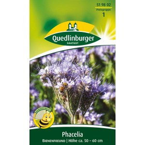 Quedlinburger Phacelia Bienenfreund Samenpackung mit blühender Pflanze und Biene.