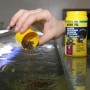 JBL Pronovo Fil Fischfutter: Hand dosiert rote Mückenlarven ins Aquarium.