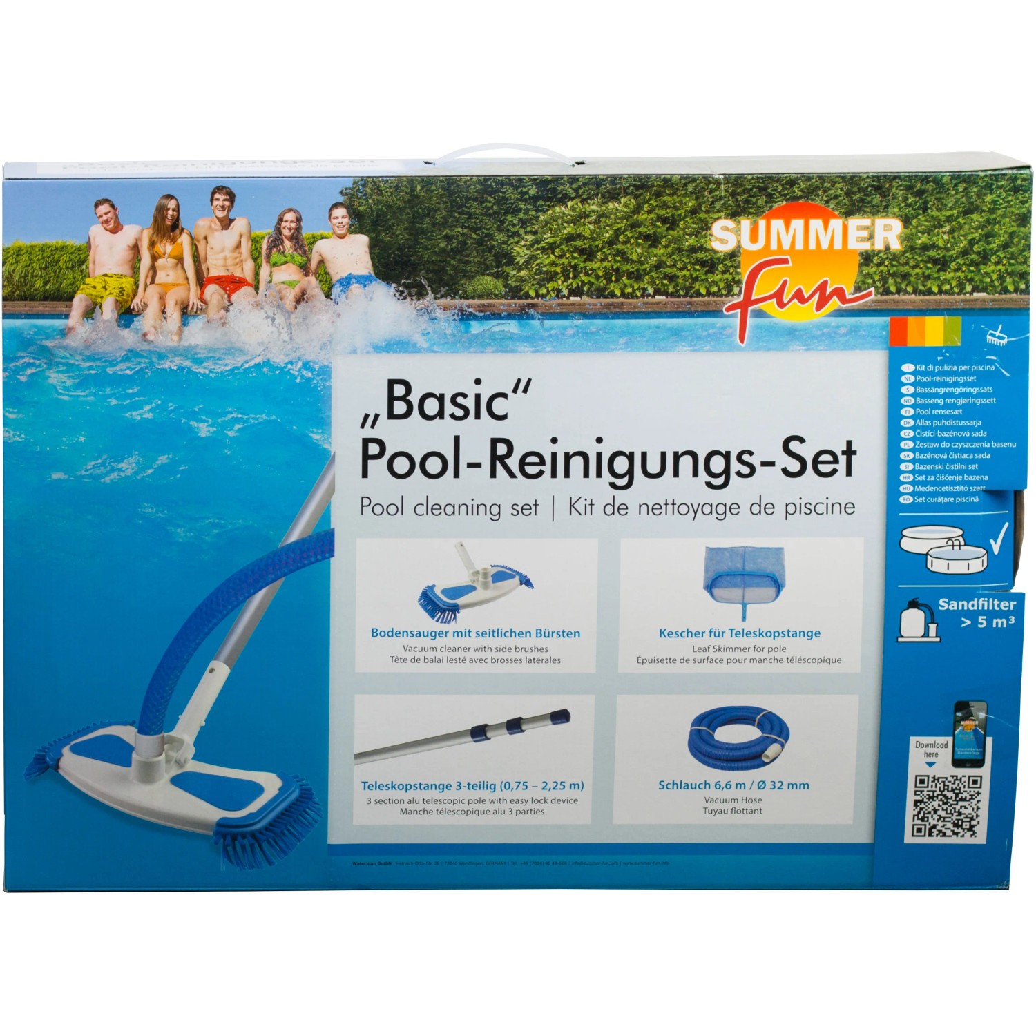Summerfun Basic Pool Reinigungsset für Sandfilteranlagen, bestehend aus Bürste, Kescher, Stange und Schlauch.