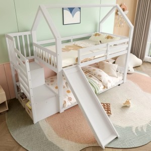 KOMHTOM Etagenbett Mit Stauraumtreppe Und Rutsche Hausbett Kinderbett Mit Geländer 90x200Cm Weiß Ohne Matratze