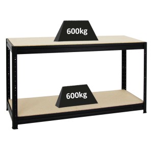 Schwarze PROREGAL Werkbank Dino mit zwei Ablagen und hoher Traglast (600kg pro Ebene).