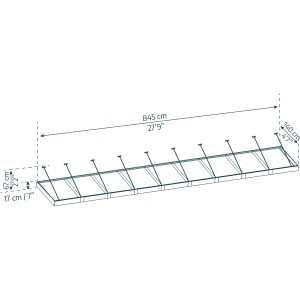Graues Palram Canopia Vordach Sophia XL, 845x140 cm, mit Maßangaben.