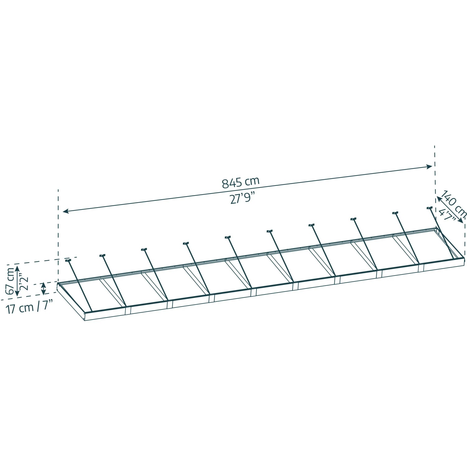 Graues Palram Canopia Vordach Sophia XL, 845x140 cm, mit Maßangaben.