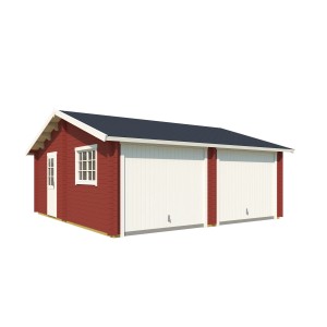 Lasita Maja Doppelgarage Falkland, Schwedenrot, mit zwei Schwingtoren und Seitentür.