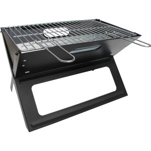 Klappbarer, schwarzer Tischgrill mit verchromter Grillfläche für Camping und Picknick.