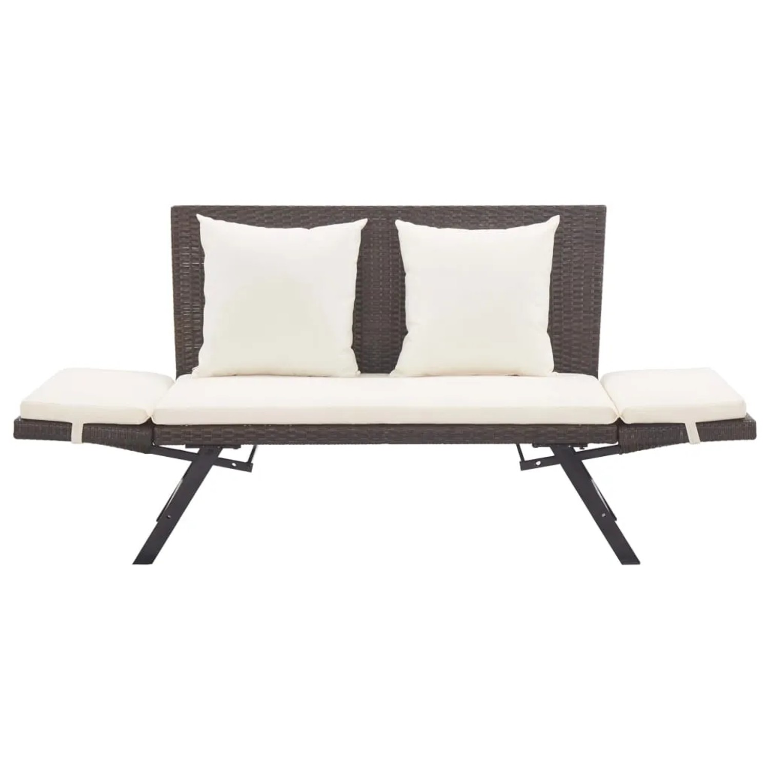 Braune VidaXL Gartenbank aus Rattan mit cremefarbenen Kissen, umwandelbar zum Tagesbett.