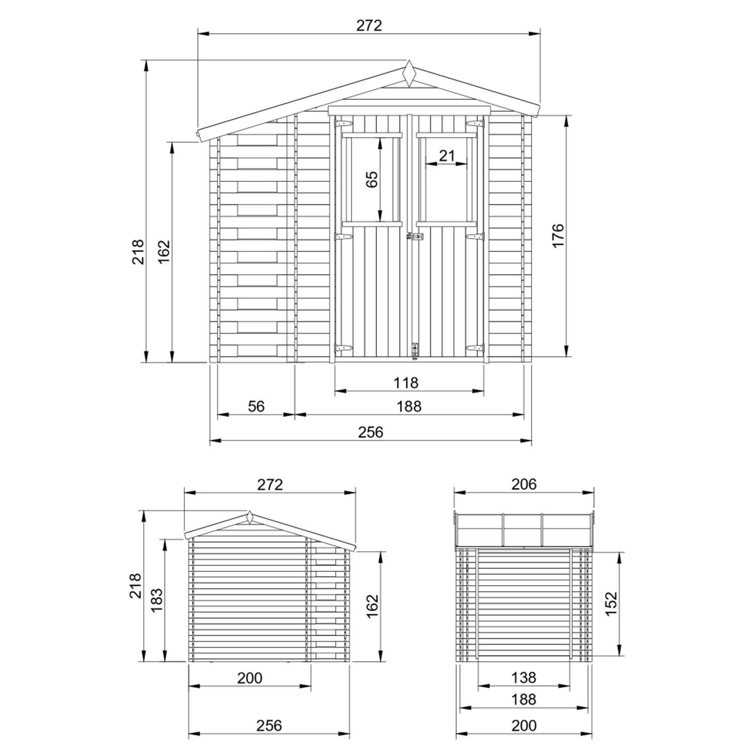 Technische Zeichnung: Timbela Holz-Gartenhaus M386C+M386G mit Maßen und Ansichten.