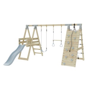 PolarPlay Klettergerüst Krokodil eisblau mit Rutsche, Schaukel und Kletterwand aus Holz.