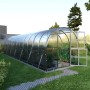 Klasika Arch Gewächshaus 30m² mit Polycarbonatabdeckung, Bogenform, offene Tür.
