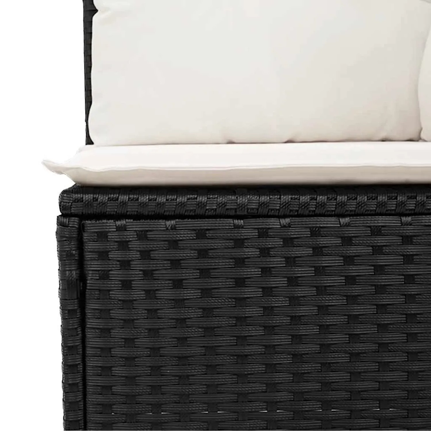 Detailansicht: Schwarze vidaXL Garten-Sofagarnitur aus Rattan mit weißen Kissen.