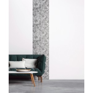 AS-Creation 3D-Panel Pop up Blüten in Grau-Weiß an Wand hinter Sofa.