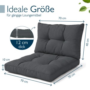 Graphitgraues Beautissu Lounge Kissen Set XLuna für Gartenmöbel. Sitzkissen 70x70x10cm, Rückenkissen 70x40x12cm. Gesteppt.