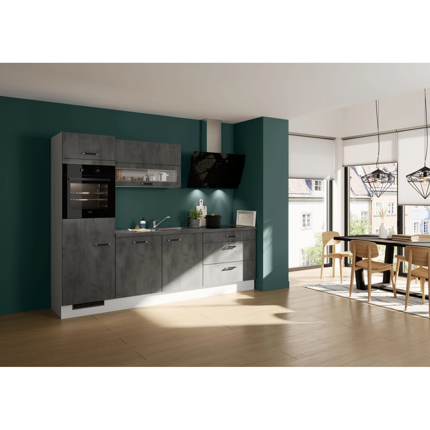 Impuls Küchen Küchenzeile IKZ12703H 270 cm Beton-Optik mit E-Geräten