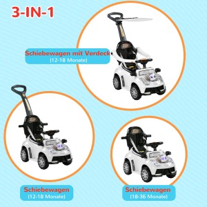 AIYAPLAY Rutschauto 3-in-1 mit Schubstange, Haltestange und Rückenlehne in Weiß.