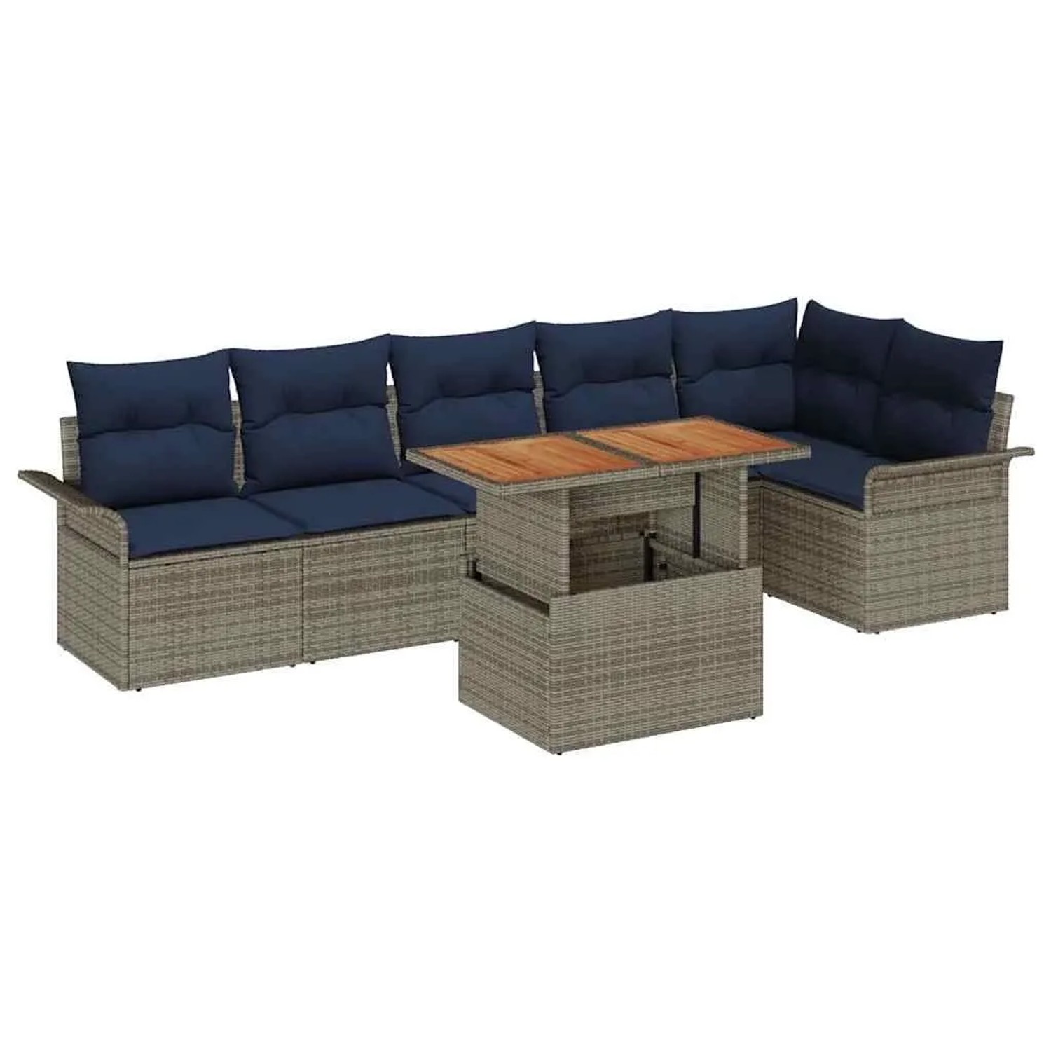 vidaXL Gartensofa-set mit Kissen 7 Stk Grau und Marineblau Poly-Rattan 3349345