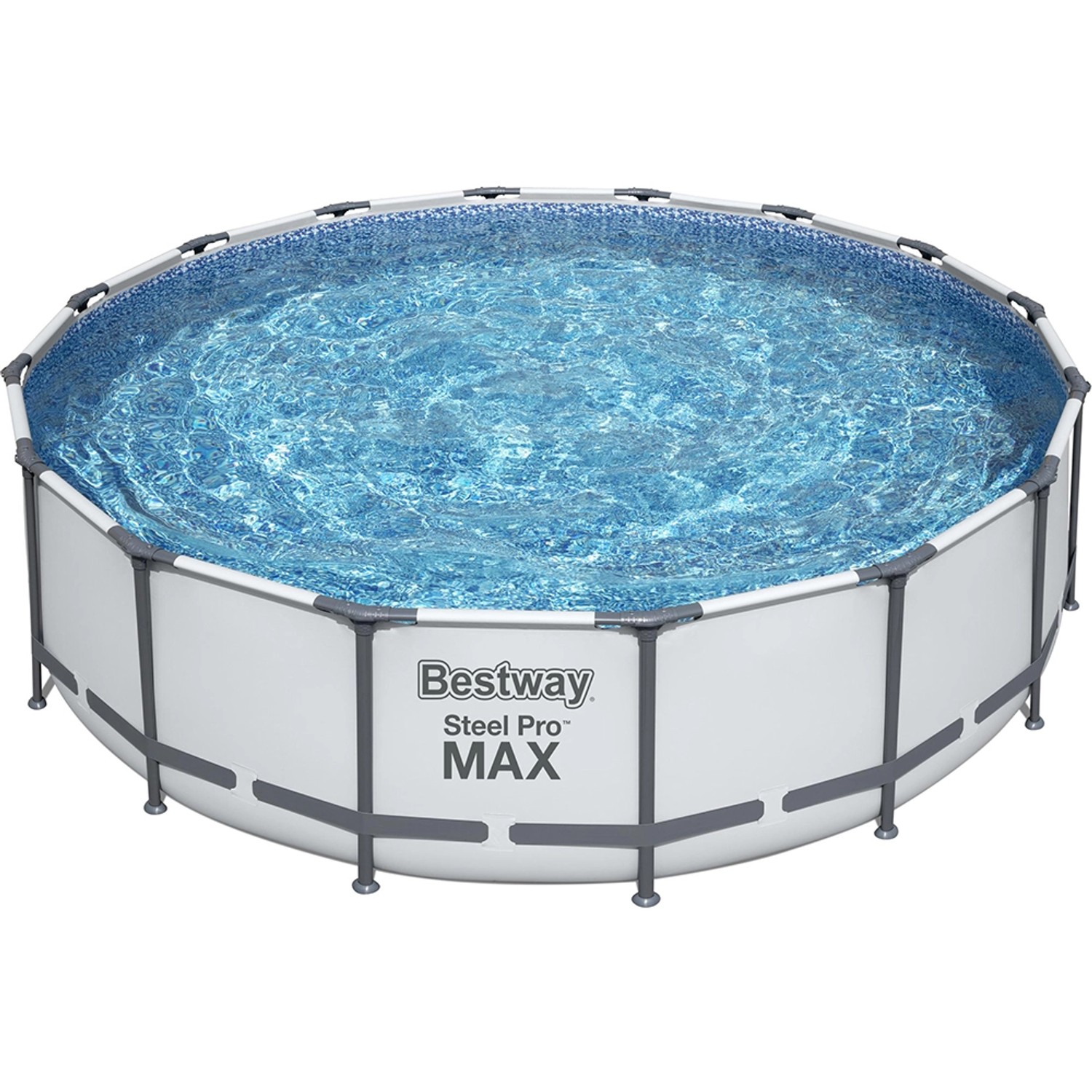 Bestway Stahlrahmen Pool Set, Ø 488 cm, lichtgrau, mit Filterpumpe, Leiter und Abdeckplane.