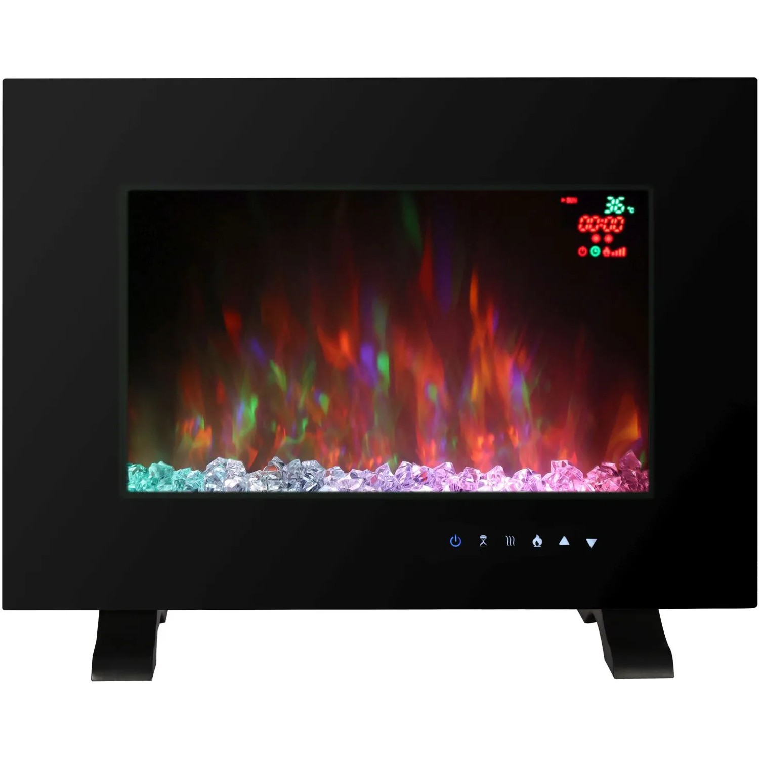 El Fuego Elektrokamin Aarau II, schwarz, mit LED-Flammeneffekt und Kristallen. Freistehend oder zur Wandmontage.