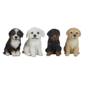 Deko-Figur: Vier Hundewelpen (Berner Sennenhund, Malteser, Rottweiler, Golden Retriever) aus Polyresin, 15 cm, für die Gartendekoration.