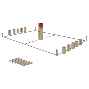 Illustration des Toyfel Knuut Kubb Spiels mit König, Kubbs und Wurfstäben auf dem Spielfeld.