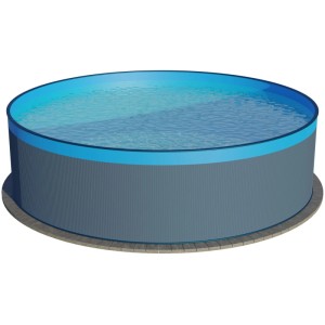Runder Stahlwandpool in Anthrazit mit blauer Folie, freistehend.