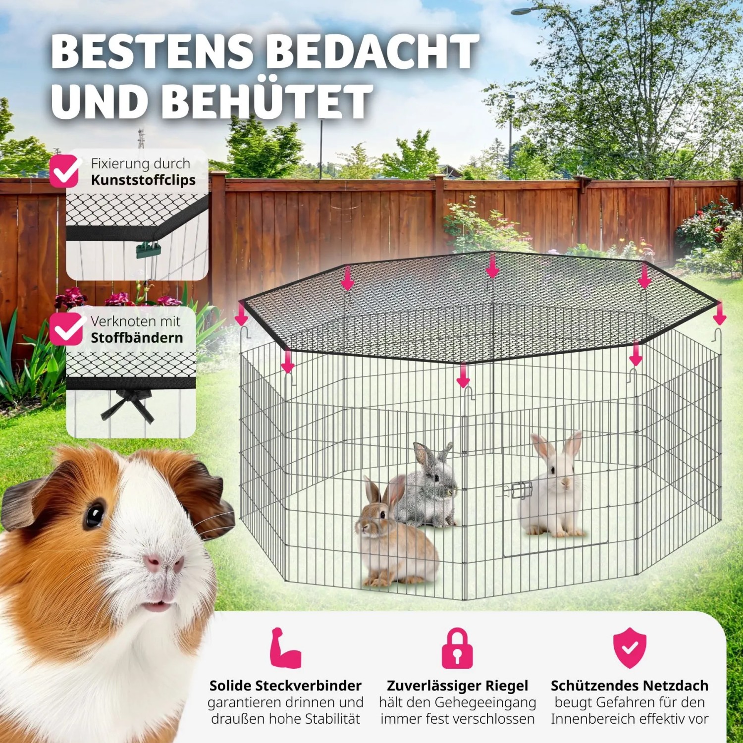 Schwarzes Tectake Freilaufgehege mit Netz für Nager, 145x145x73 cm.