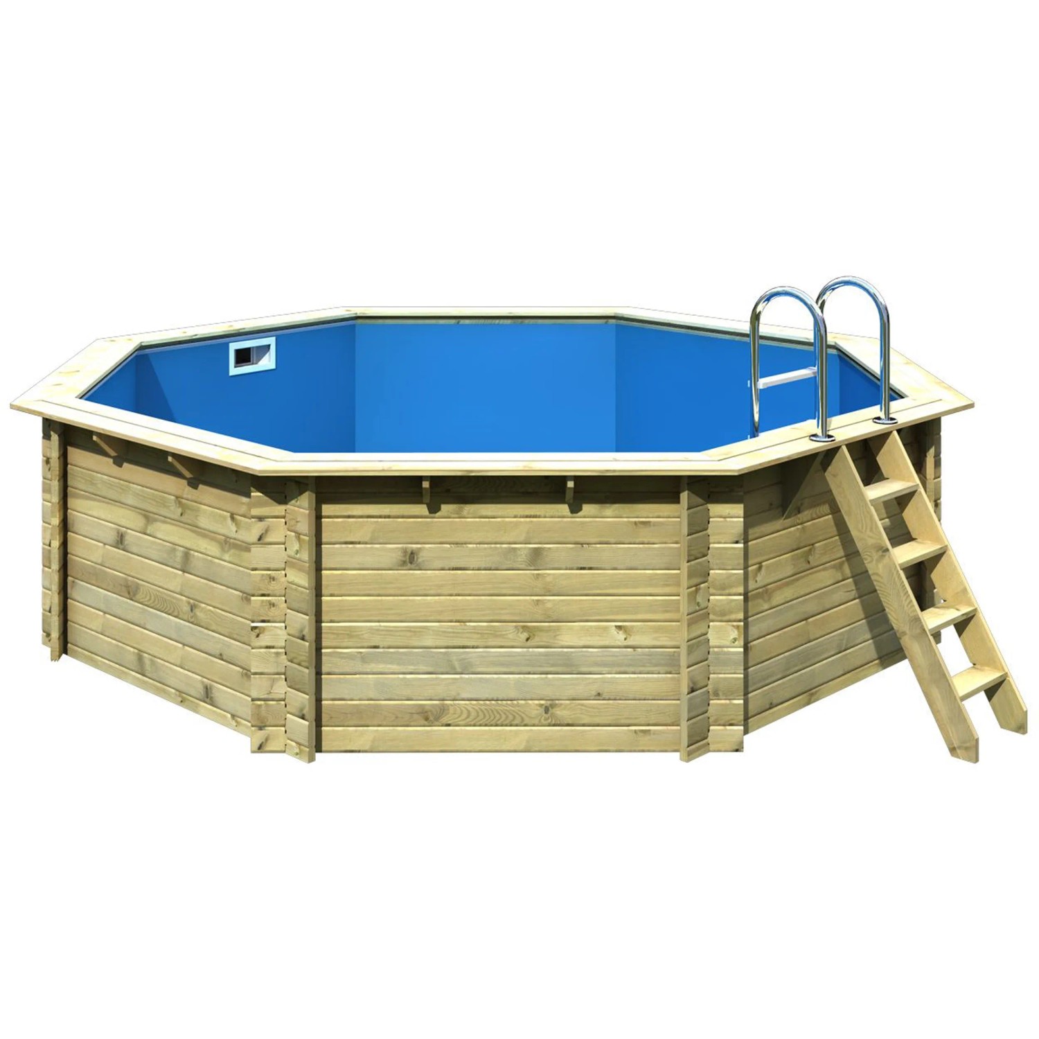 Karibu Holzpool Set mit Leiter und Filteranlage. Kesseldruckimprägniertes Holz und blaue Innenfolie.