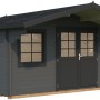 Lackiertes Palmako Gartenhaus Sally in Grau-Anthrazit. Holz-Gartenhaus mit Fenster, halbverglaster Doppeltür und Dachüberstand.