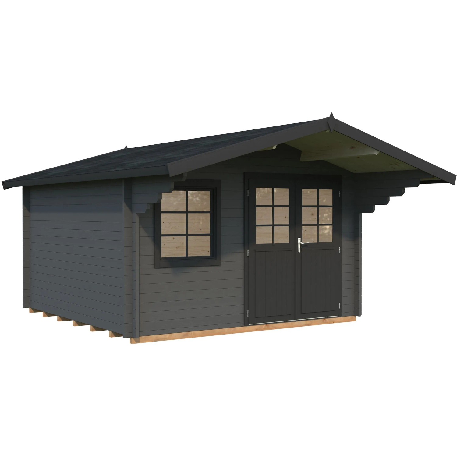 Lackiertes Palmako Gartenhaus Sally in Grau-Anthrazit. Holz-Gartenhaus mit Fenster, halbverglaster Doppeltür und Dachüberstand.