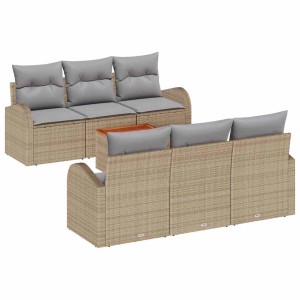 vidaXL Garten-Sofa-Set, 7-teilig, beige/hellgrau, Rattan-Optik mit Tisch und grauen Kissen.