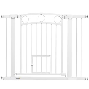 Weißes PawHut Türschutzgitter aus Stahl, 76-104 cm breit, mit integrierter Katzentür.
