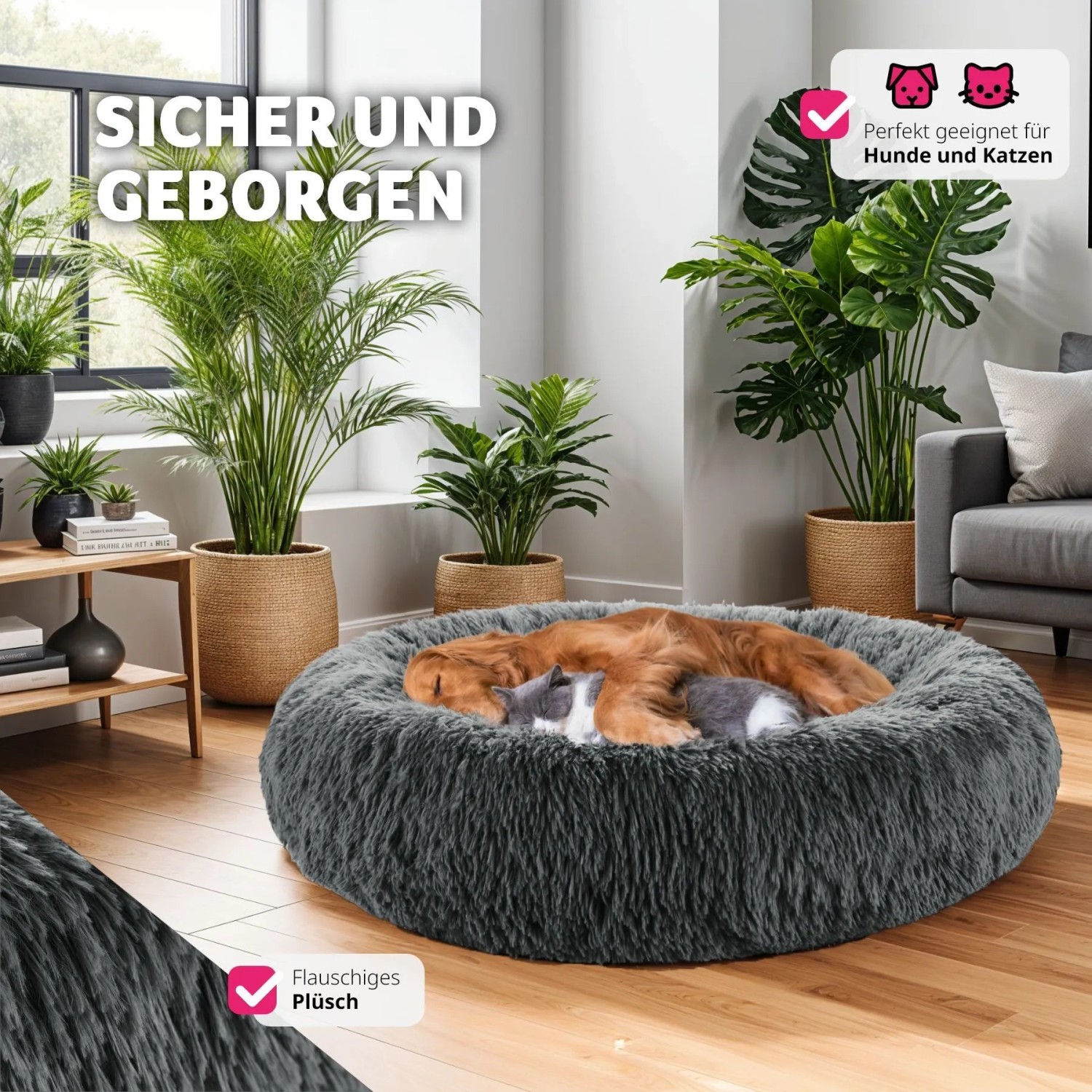 Graues, rundes Tectake Hundebett Maja mit Plüsch und erhöhtem Rand, Hunde schlafen darin.