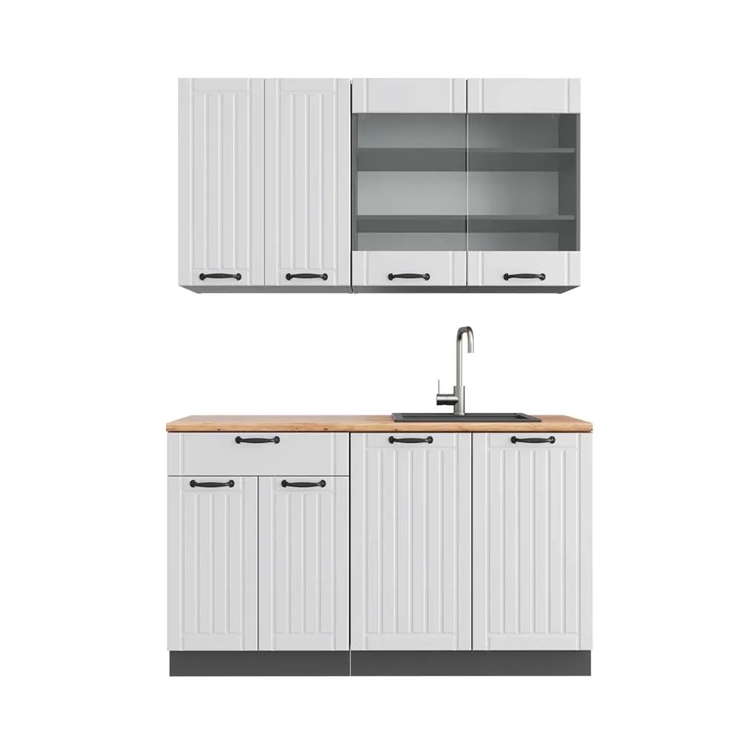 Vicco Fame-Line Singleküche Weiß Landhaus Anthrazit 140 cm AP Eiche ohne E-Geräte
