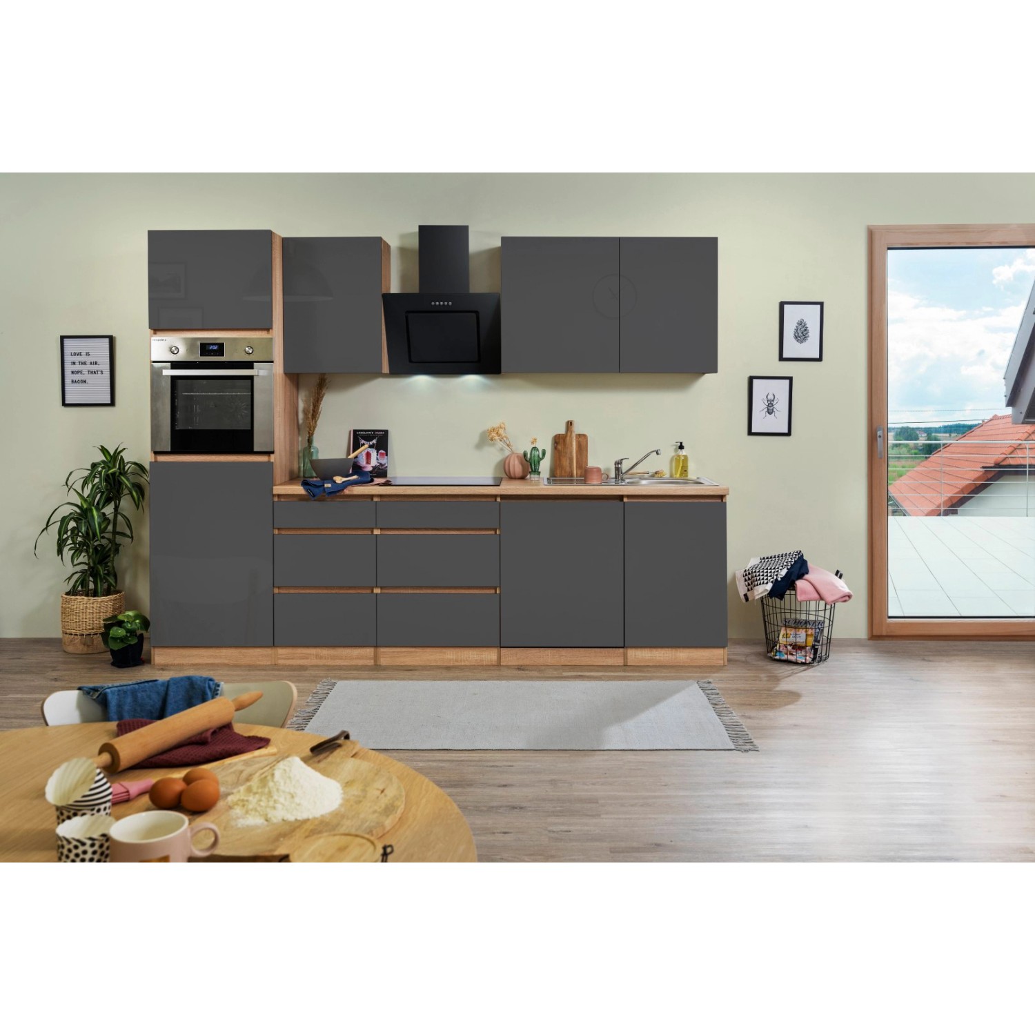 Respekta Küchenzeile/Küchenblock ohne E-Geräte 280 cm Grifflos Grau Hochglanz-Eiche Sägerau