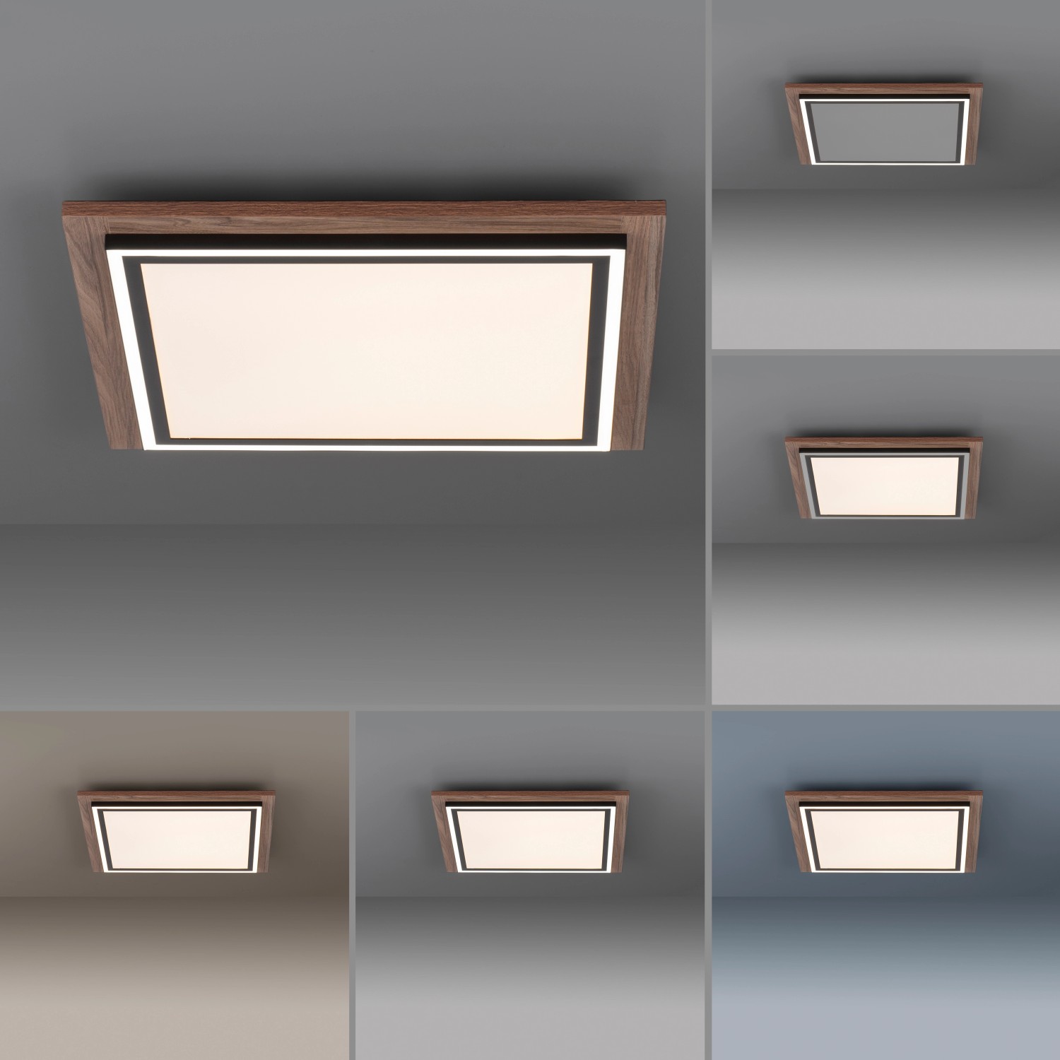 Quadratisches Paul Neuhaus LED-Panel Palma mit Holzdekor, verschiedene Lichtfarben.