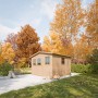 Timbela Holz-Gartenhaus M335 (9 m²) mit Fenstern im Garten, ohne Boden.