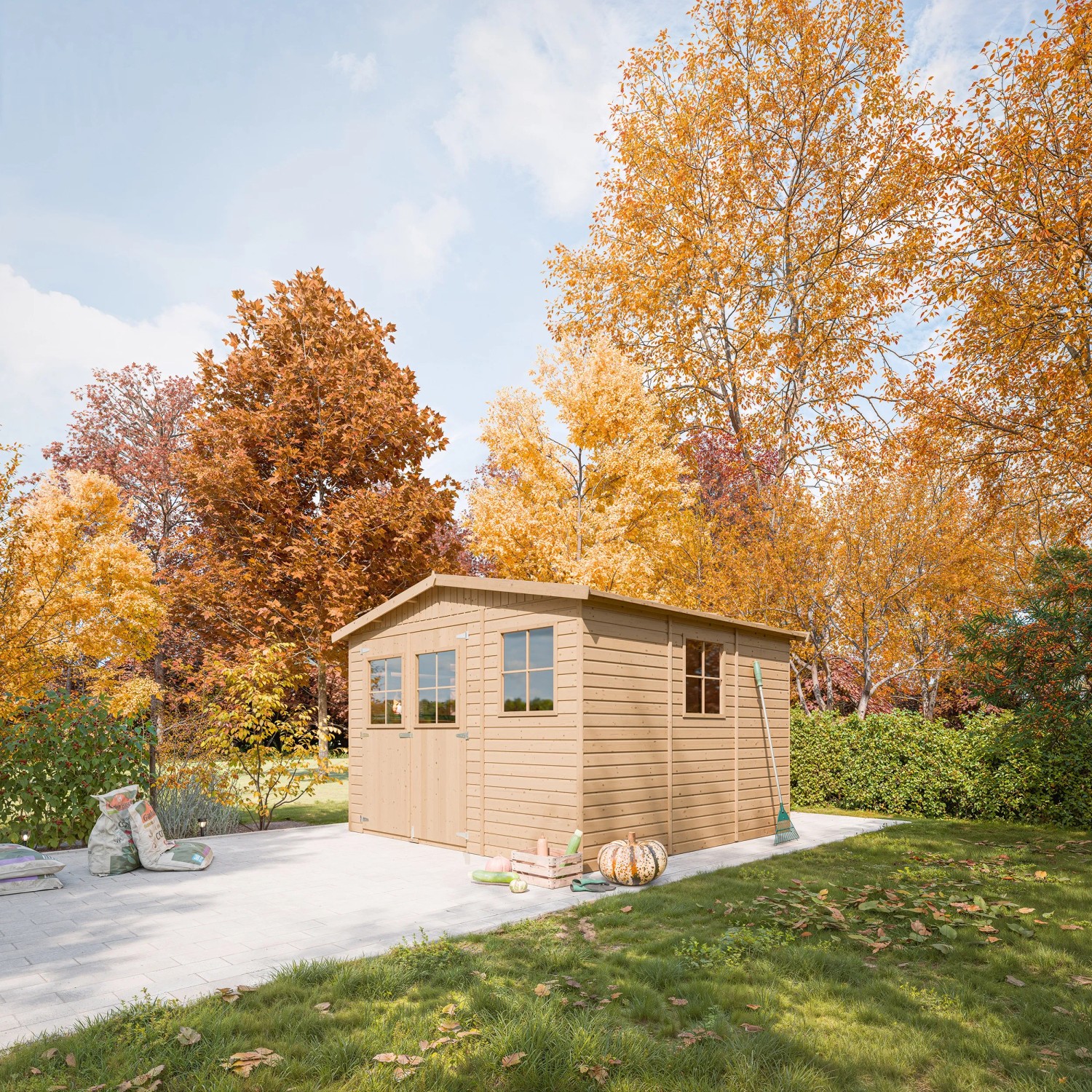 Timbela Holz-Gartenhaus M335 (9 m²) mit Fenstern im Garten, ohne Boden.