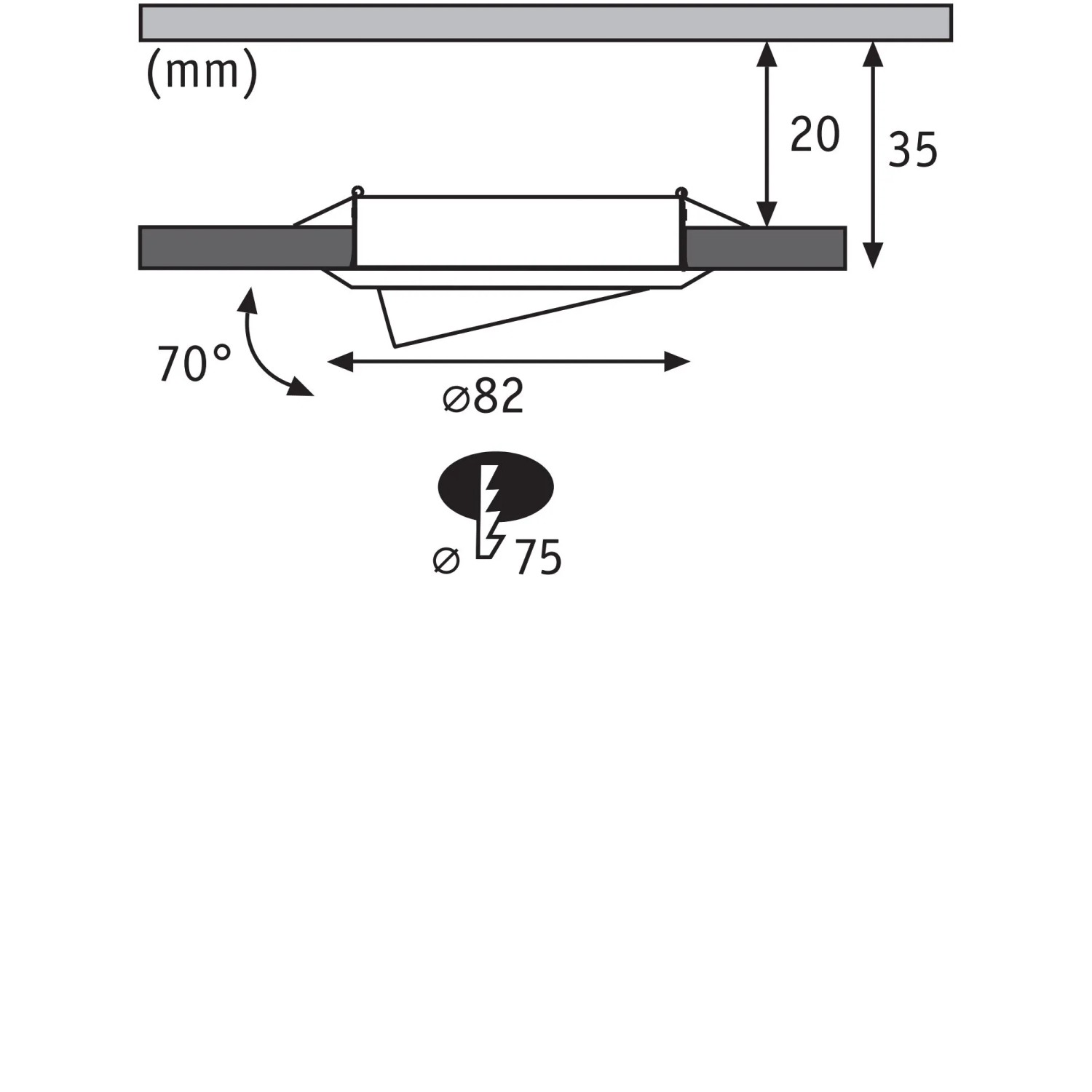 Technische Zeichnung Einbaustrahler Set, schwenkbar, Maße: Durchmesser 82mm, Einbautiefe 35mm.