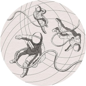 Selbstklebende, runde Tapete in Grau mit Astronauten Motiv, 125 cm Durchmesser.