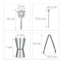 Edelstahl Cocktailset Zubehör: Barsieb, Barlöffel, Doppelmessbecher, Eiszange mit Maßen. Perfekt für Bartisch-Sets.