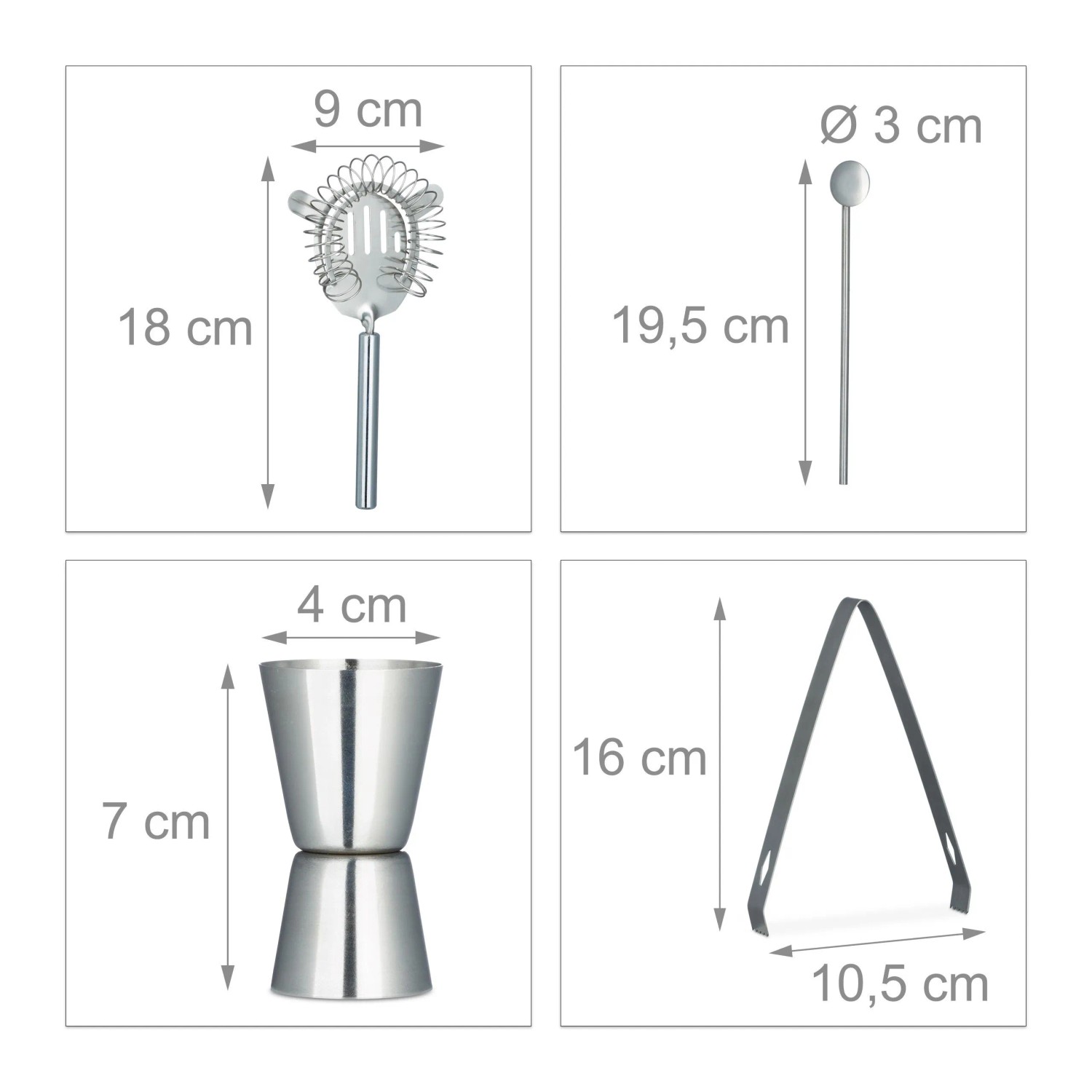 Edelstahl Cocktailset Zubehör: Barsieb, Barlöffel, Doppelmessbecher, Eiszange mit Maßen. Perfekt für Bartisch-Sets.