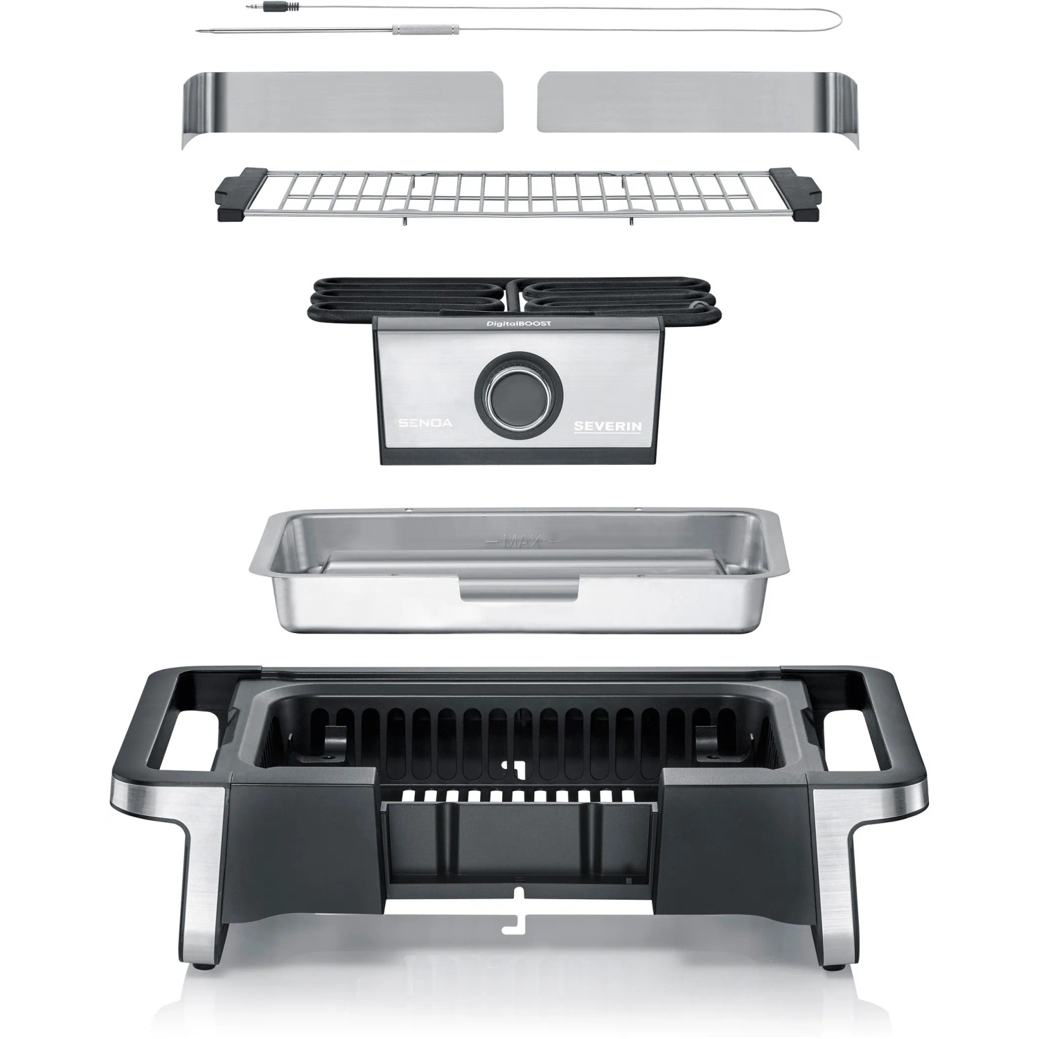 Severin PG 8114 SENOA DigitalBOOST Tischgrill, Einzelteile im Überblick.
