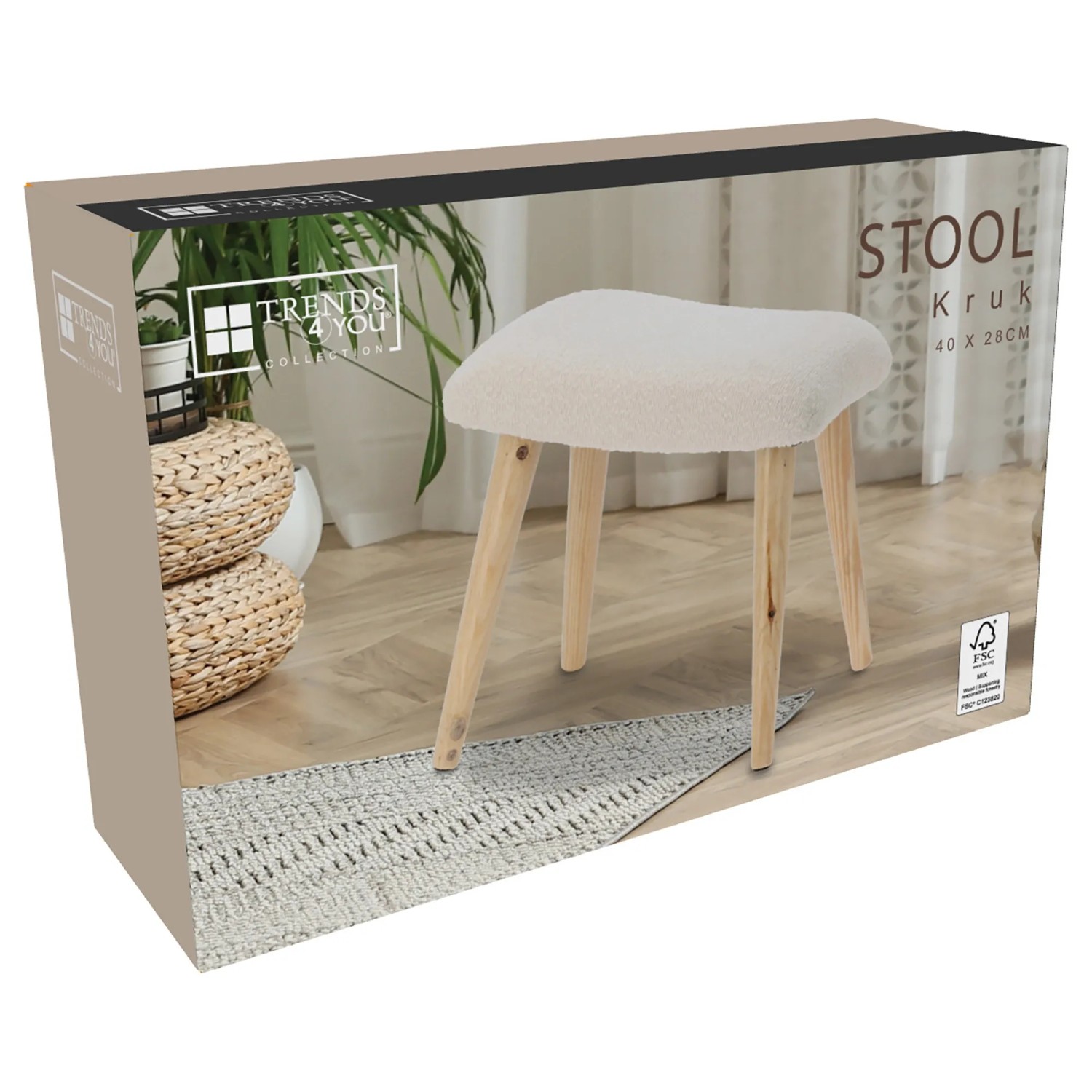 Hocker Sperrholz Bezug Boucle-Stoff 40 cm x 28 cm x 38 cm Beige