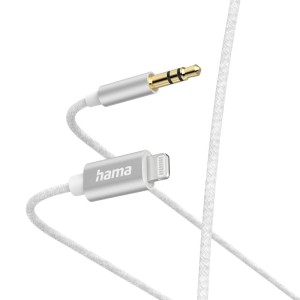 Weißes Hama Aux-Kabel Lightning auf 3,5mm Klinke mit Nylon-Ummantelung.