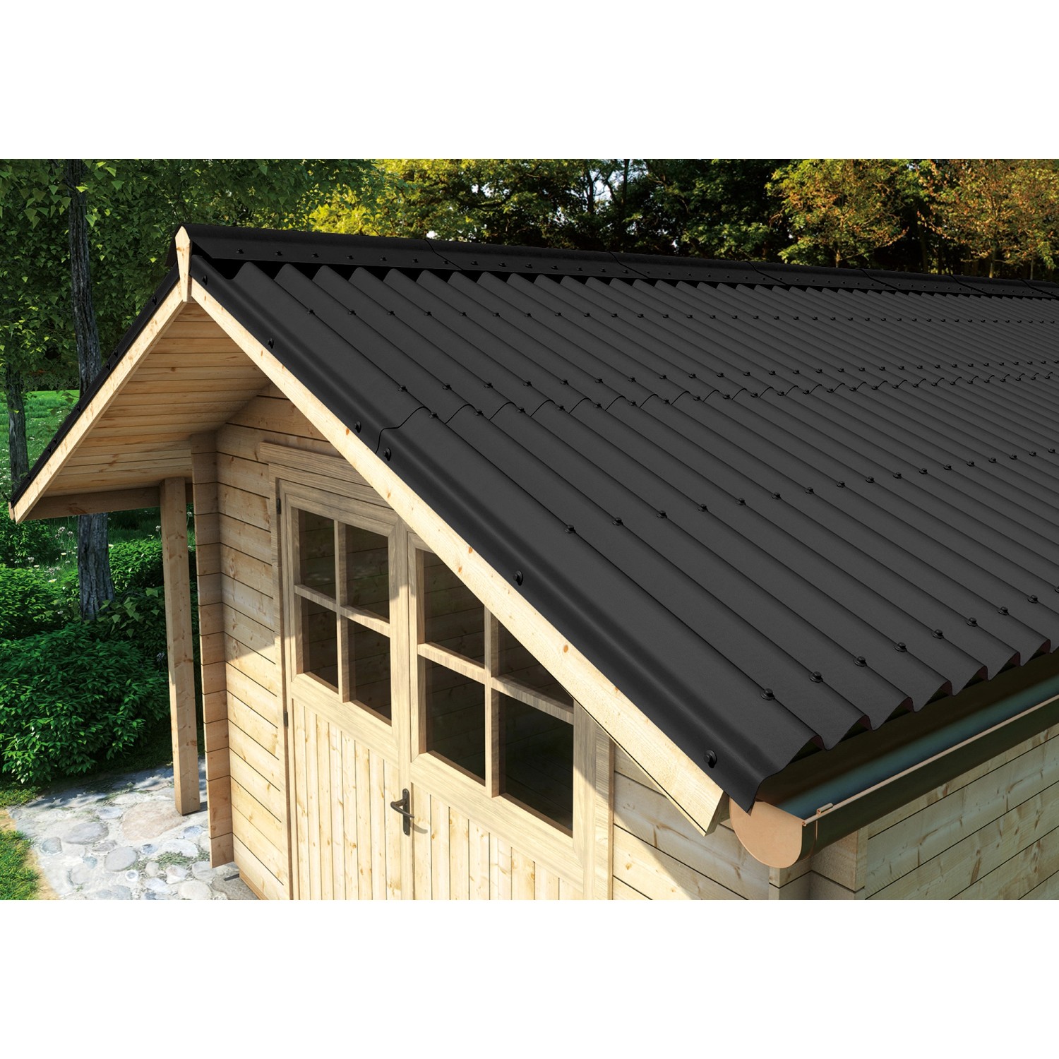 Schwarze Onduline Easyline Bitumenwellplatte auf einem Gartenhausdach.