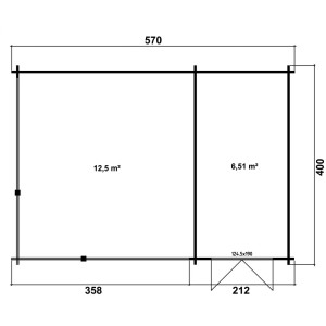 Grundriss der 5-Eck Gartenlaube Maik-40 Natur, mit Maßen und Flächenangaben.